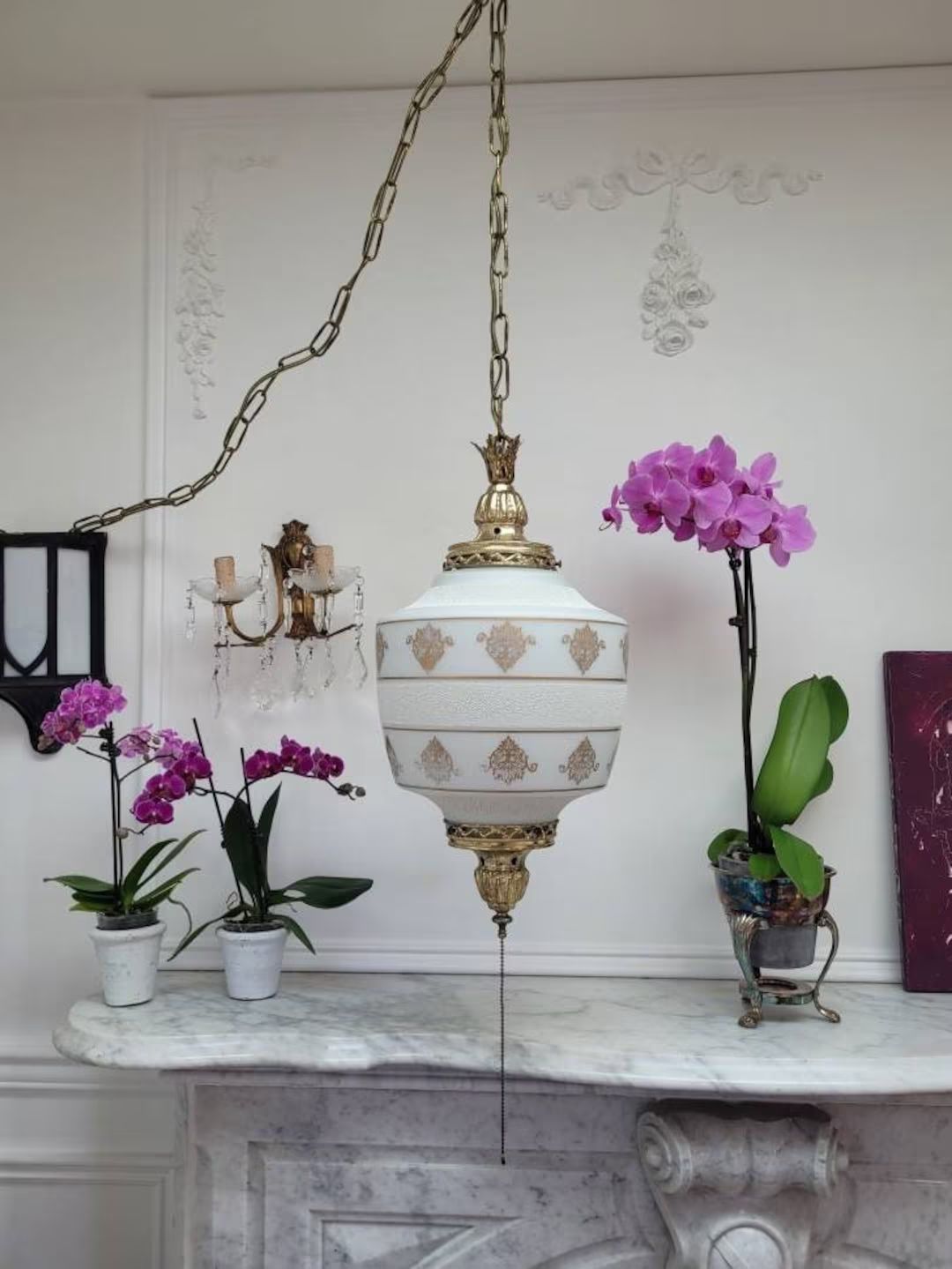 Vintage Plug-in Swag Lamp, Ornate Gold Hanging Lantern, Hollywood Regency Gold Palm Frond Crown L... | Etsy (US)