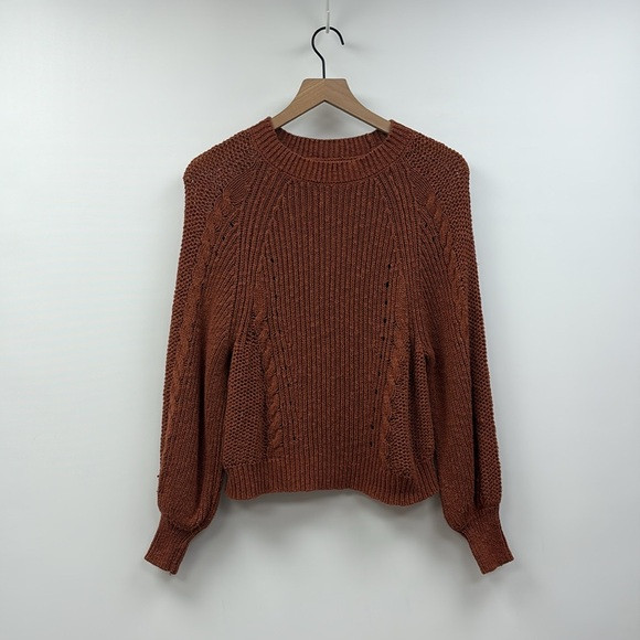 American Eagle Chunky Knit Puff Sleeve Crewneck Pullover Sweater Brown Small | Poshmark