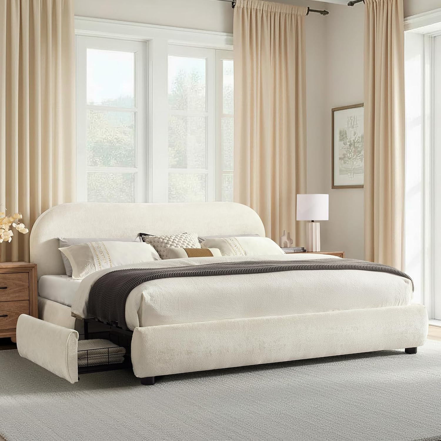 HULALA HOME Upholstered Queen Size Bed Frame with Built-in Storage Baskets, Modern Solid Wood Platform Bed Frame with Adjustable Height Headboard & Solid Wood Legs, White | Amazon (US)