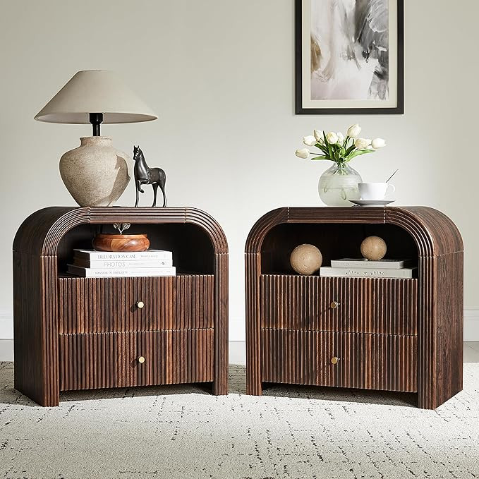 T4TREAM 24" Fluted Nightstand Set of 2, Large 2 Drawers Bedside Table with Charging Station, Mode... | Amazon (US)