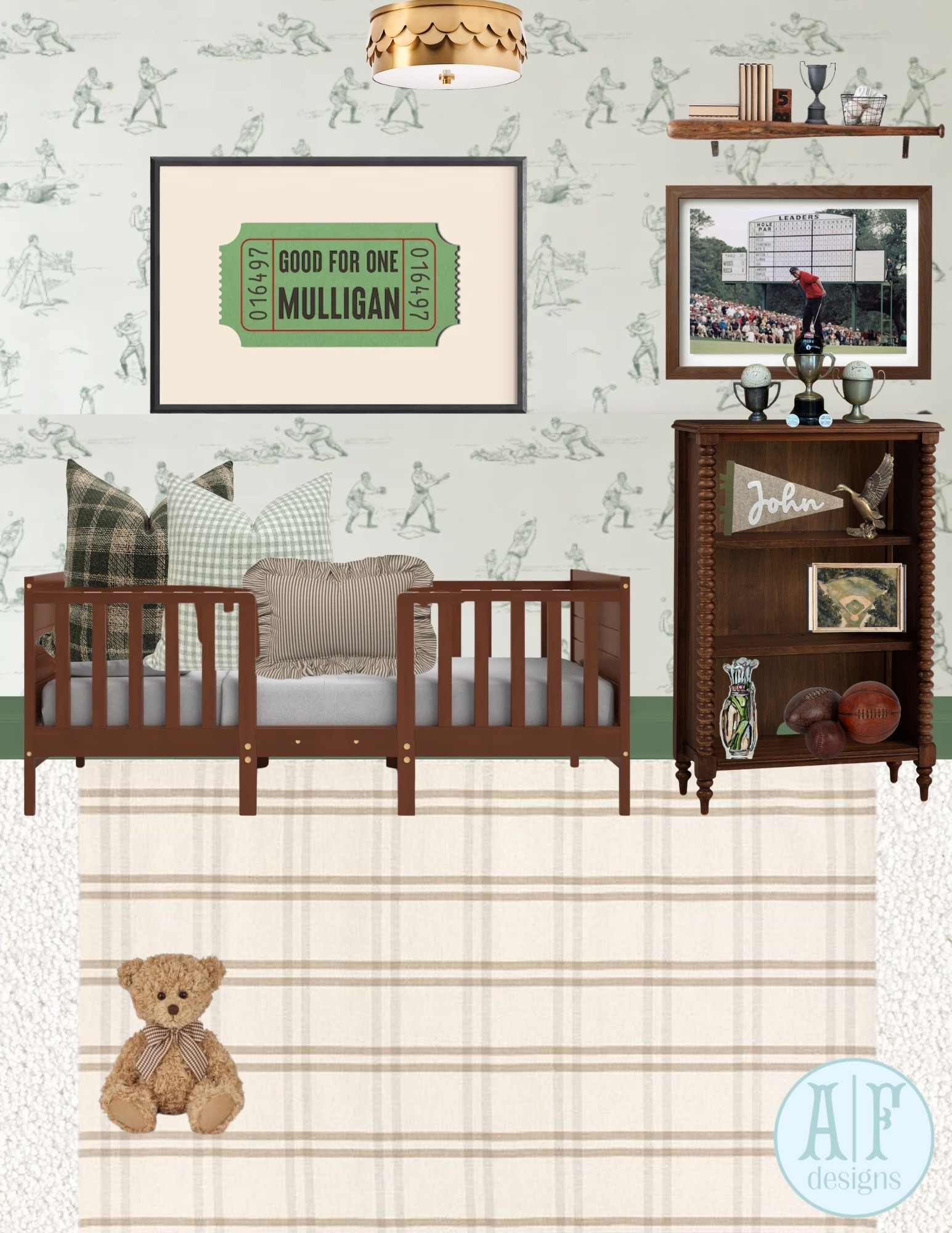 sports/ ralph lauren inspired boys room🧸💚
loving this wallpaper paired with green trim! it’s cozy yet sophisticated for a growing boy!

paint trim: SW6452 Inland
wallpaper: love vs. design
golf bag: chelsea mcshane art
tiger picture: leisure piece

#LTKKids #LTKHome #LTKBaby