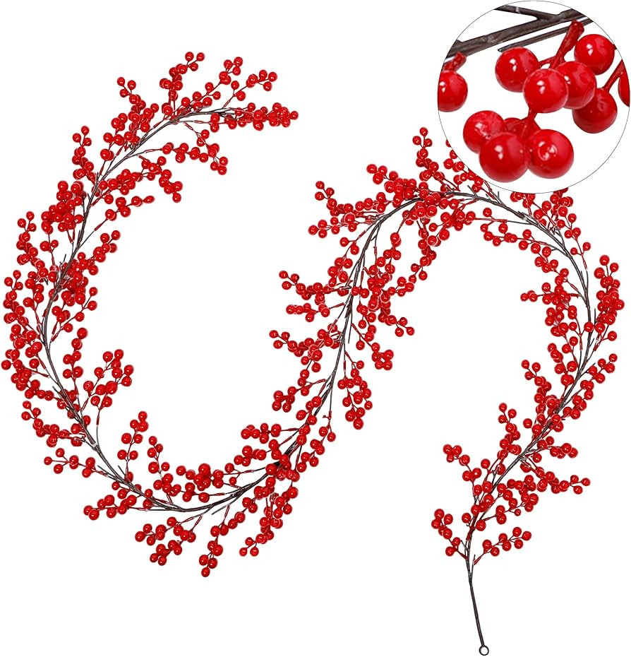 Lulu Home Red Berry Garland, 8.9FT Flexible Artificial Christmas Holly Berry Vine, Winter Berry G... | Amazon (US)