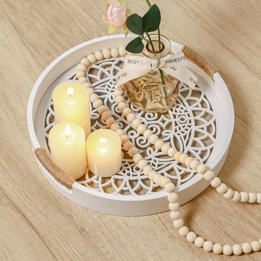 Round Wood Tray for Table Decor, White Trays for Coffee Table Decor, Bathroom Tray for Counter, C... | Amazon (US)