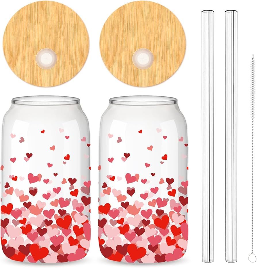 Whaline Valentine's Day Heart Shaped Drinking Glasses Set 2Pcs with Bamboo Lids Glass Straw and C... | Amazon (US)