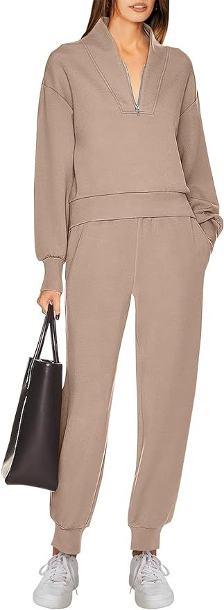 ANRABESS Womens 2 Piece Outfits Sweatsuit Half Zip Long Sleeve Cropped Sweatshirt Jogger Sweatpan... | Amazon (US)
