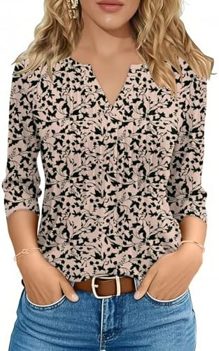 FreshNight 3/4 Length Sleeve Womens Tops Pleated V Neck T Shirts for Women Blouses Dressy Casual | Amazon (US)