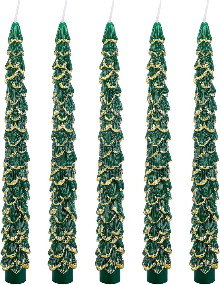 5 Pcs Christmas Tree Shaped Candles,10 Inch Unscented Christmas Tree Taper Candles with Gold Edge... | Amazon (US)