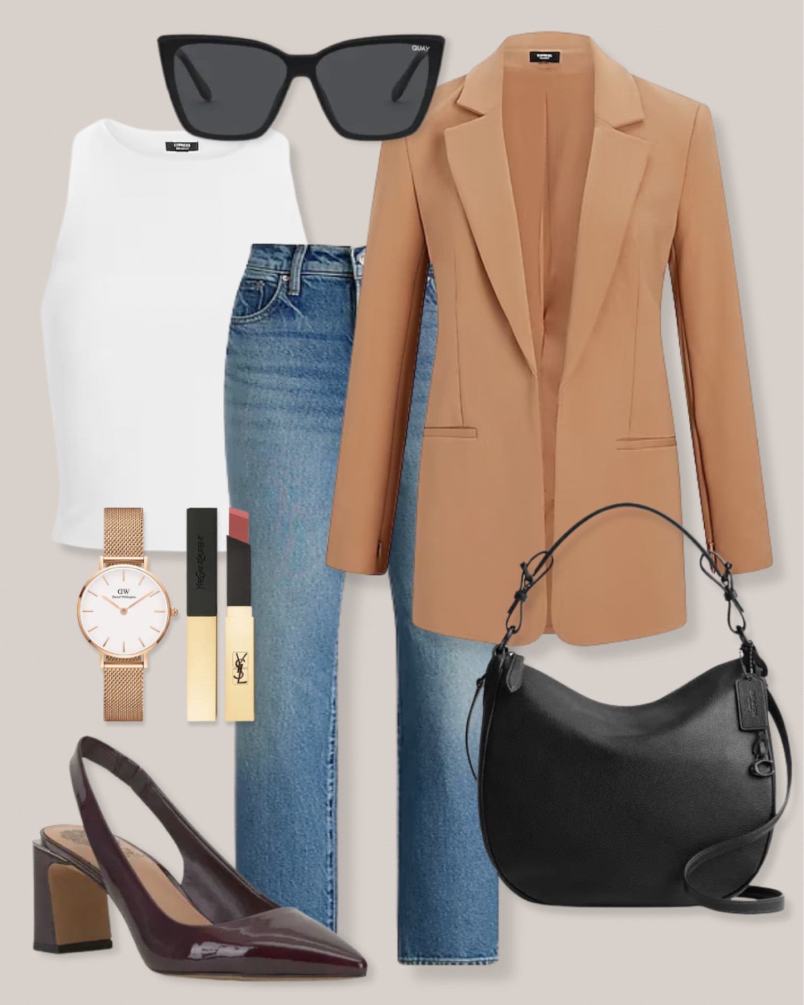 Express outfit
Smart casual outfit
Business casual outfit
Beige blazer
Tan blazer
White tank top
White cropped tank
White seamless tank
Black sunglasses
High waisted jeans
Straight jeans
Matte pink lipstick
Rose gold watch
Burgundy pumps
Black bag
Bag handbag

#LTKstyletip #LTKworkwear #LTKSeasonal
