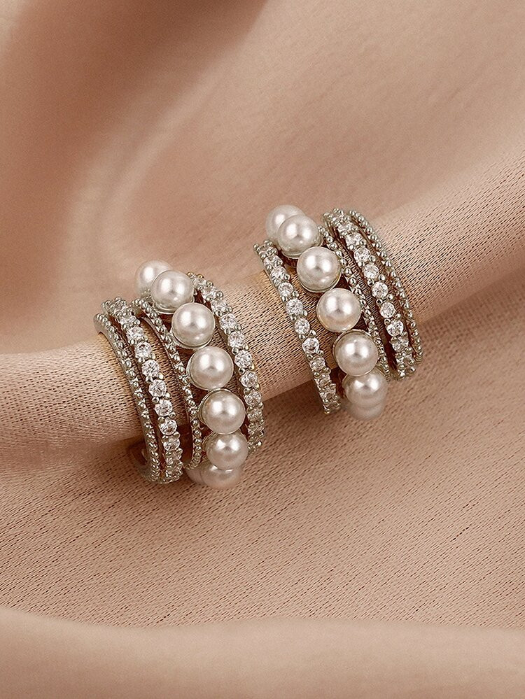 Faux Pearl & Rhinestone Decor Cuff Hoop Earrings | SHEIN