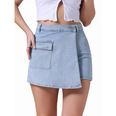 INSPIRE CHIC Women's Country Concert Denim Cargo Faux Wrap High Waisted Mini Skirts Light Blue X-Large | Target