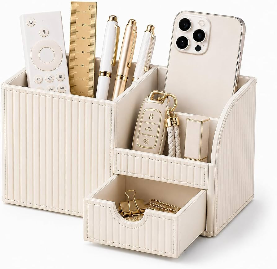 KINGFOM Luxury PU Leather Desk Organizer with Drawer, Modern Aesthetic Office Desk Accessories fo... | Amazon (US)