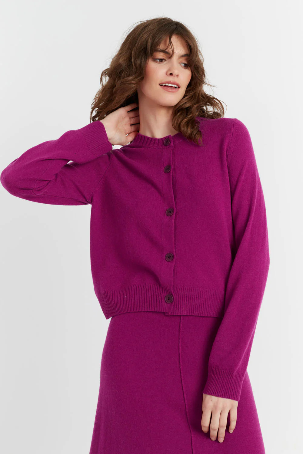 Grape Wool-Cashmere Crew Neck Cardigan | Chinti & Parker