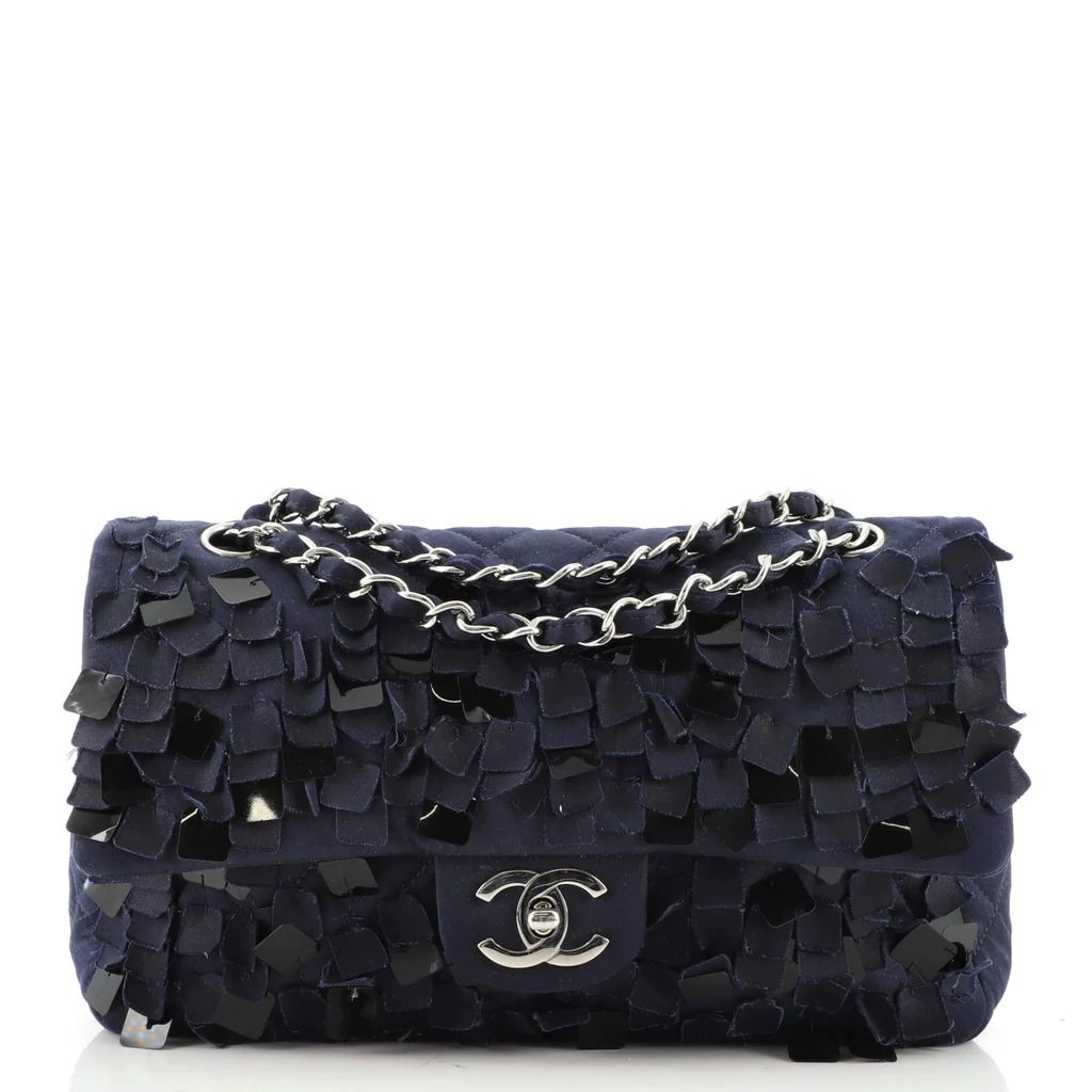 Chanel Classic Double Flap Bag Paillettes Embellished Quilted Satin Medium Blue 1400712 | Rebag