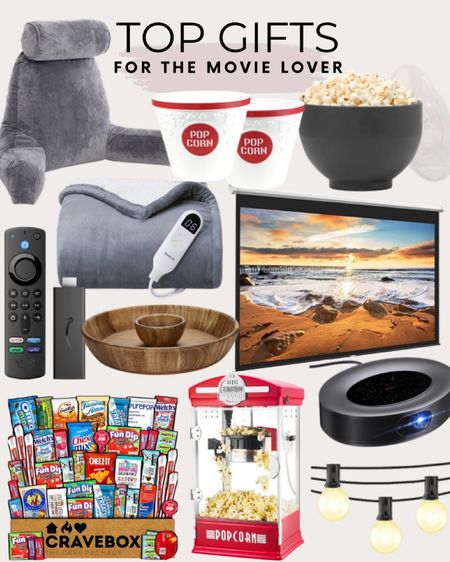 Perfect gifts for the movie lover include bulb string lights, projector, projector screen, popcorn silicone popcorn bowl, ceramic popcorn bowl, backrest pillow, fire tv stick, heated blanket, chips and dip tray, cravebox snack box, and popcorn machine.

Movie lover, movie night, gift guide, gifts for her, gifts for him, movie gifts

#LTKhome #LTKmens #LTKGiftGuide