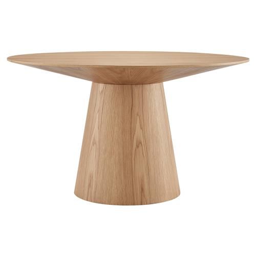 Vahn Mid Century Modern Light Brown Oak Round Pedestal Dining Table - 53.2"W | Kathy Kuo Home