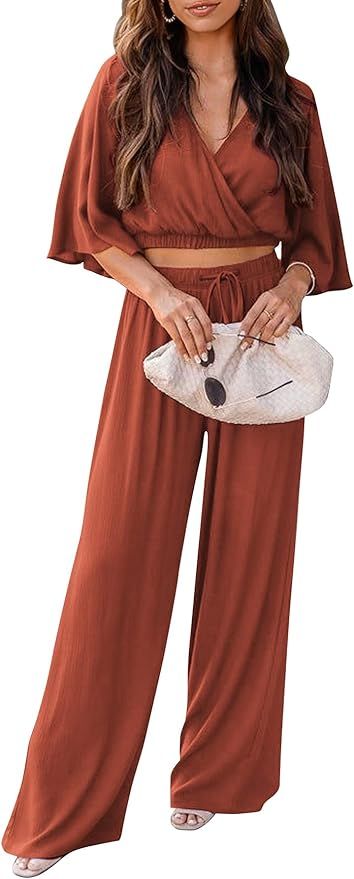 PRETTYGARDEN 2 Piece Outfits for Women 2023 Summer Short Sleeve Wrap V Neck Crop Tops Wide Leg Pa... | Amazon (US)