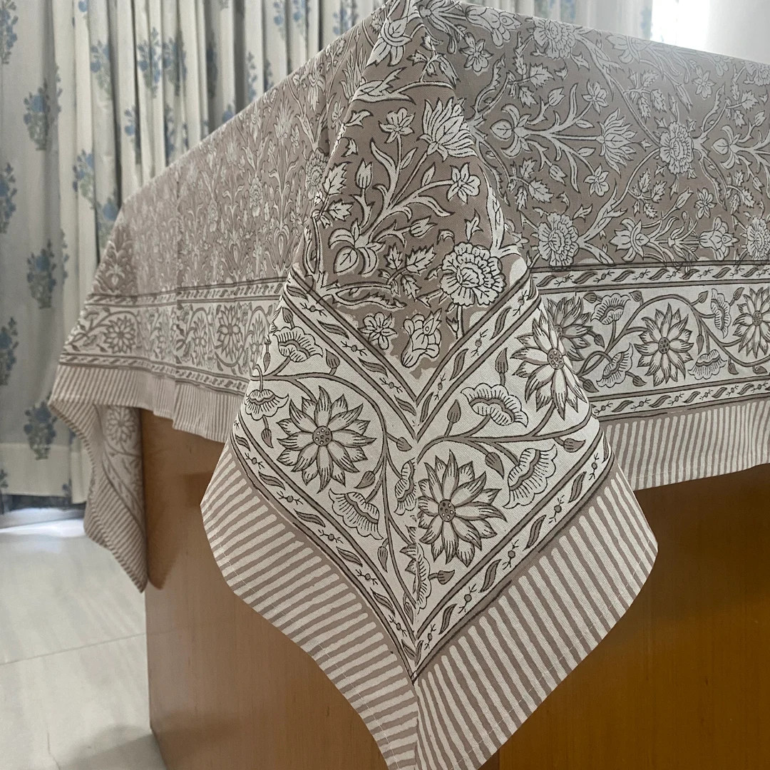 Taupe and Off White Indian Hand Block Floral Printed Pure Cotton Cloth Tablecloth, Farmhouse Hous... | Etsy (US)