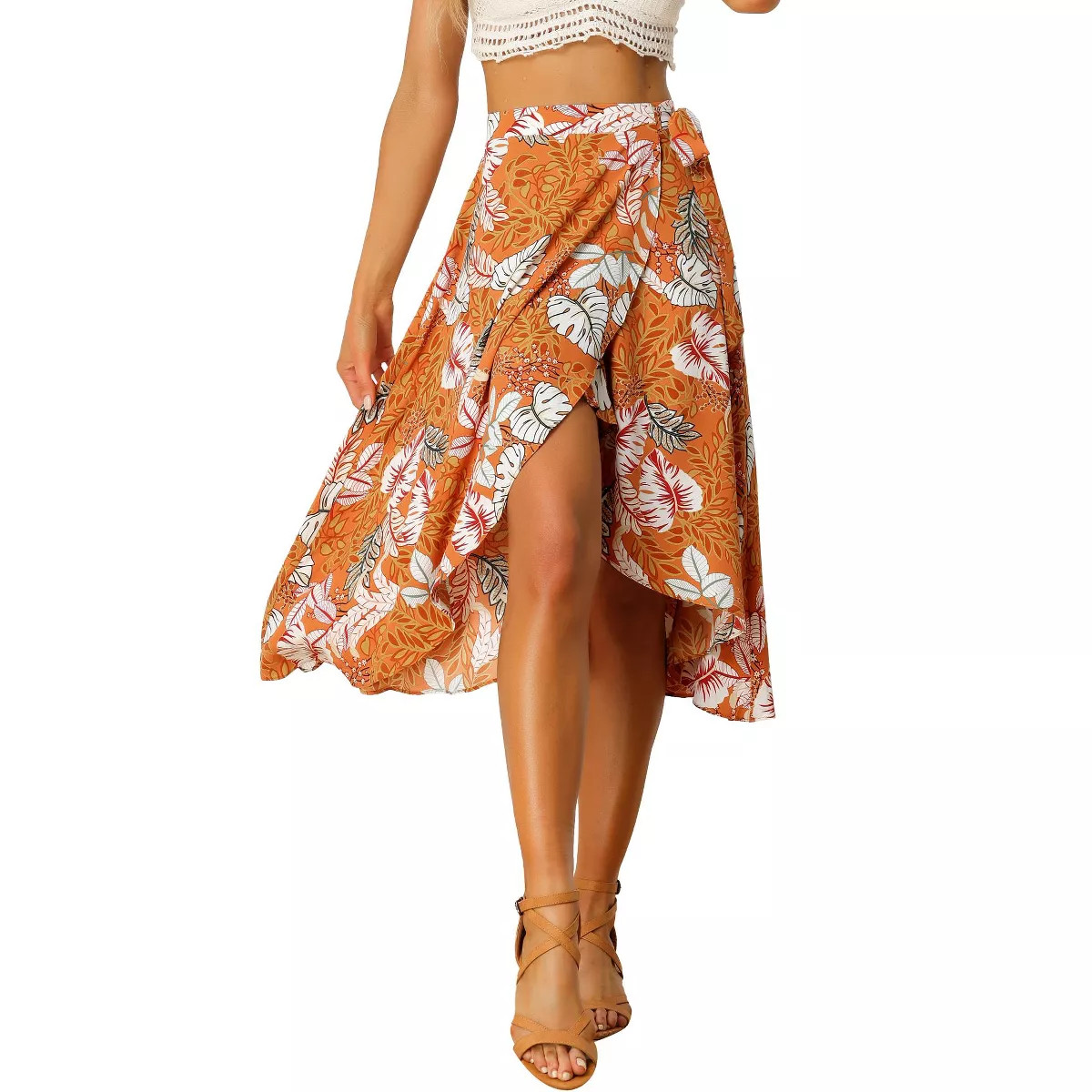 Allegra K Women's Tie Waist Hawaiian Tropical Floral Wrap Midi Skirt | Target