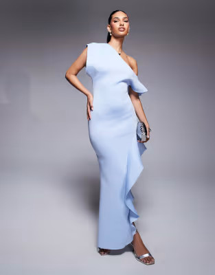 ASOS DESIGN fallen shoulder with frill split detail maxi dress in light blue | ASOS (Global)