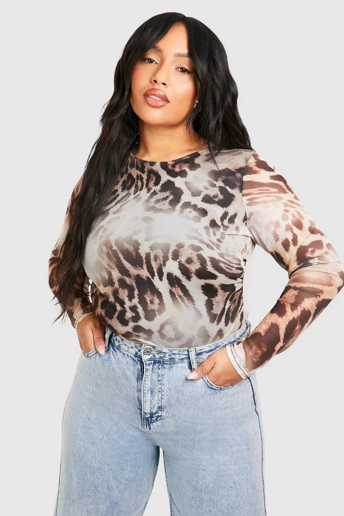 Plus Abstract Mesh Crew Neck Bodysuit | boohoo (US & Canada)