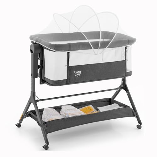 BABY JOY Bassinet, 3 in 1 Rocking Bedside Bassinet w/Storage Basket, Universal Wheels, Adjustable Height, Mattress, Net & Portable Bag, Carriable Crib Baby Bassinets Bedside Sleeper (Gray) | Amazon (US)