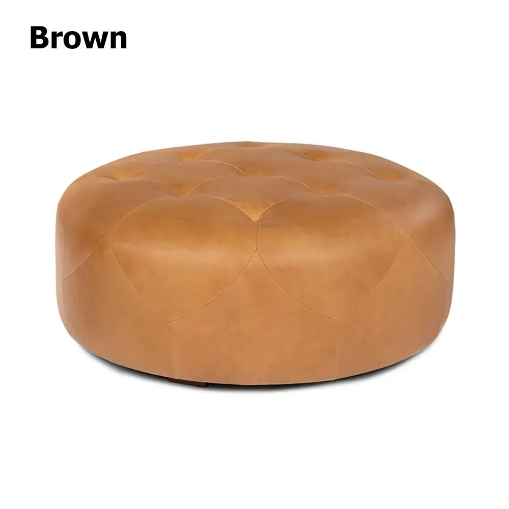 Brown 35.4''Dia Ottoman Round Stool Upholstered PU Leather Tufted Stool - Living Room Furniture -... | Homary.com