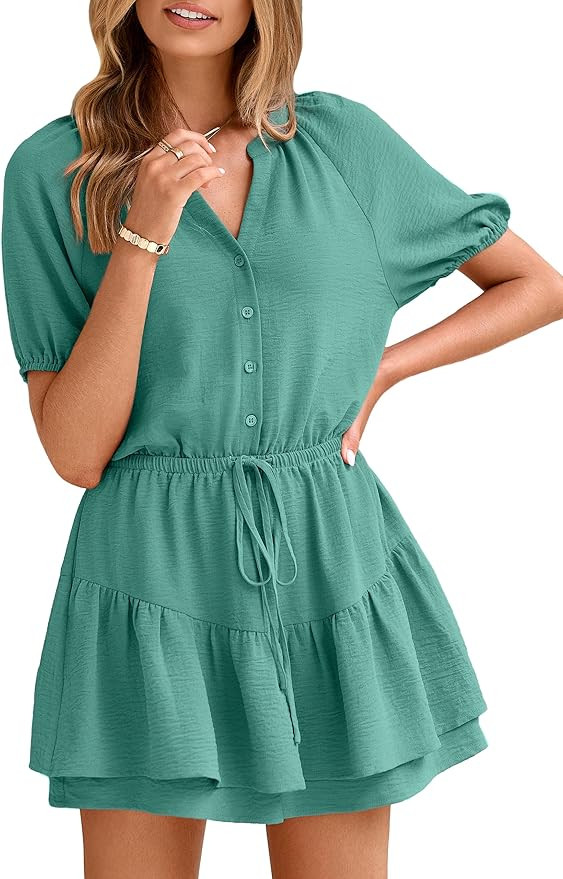 Simplee Womens Cute Summer Rompers - Casual V Neck Short Sleeve Ruffle Boho Romper Dresses Beach ... | Amazon (US)