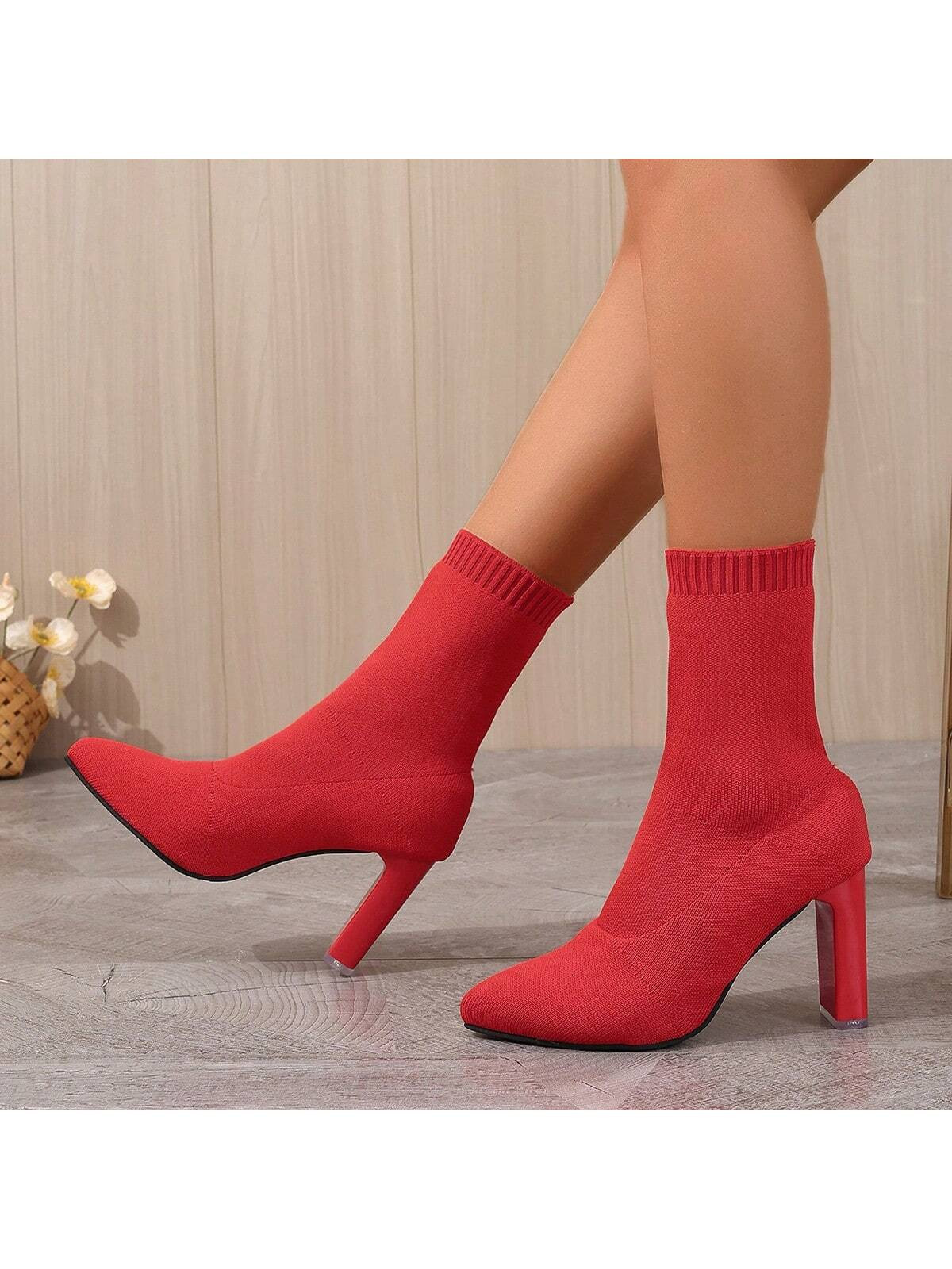 New Autumn/Winter Pointed Toe Slim High Heel Mid-Calf Boots, Black/Red/White/Gray, Casual, Trendy... | SHEIN