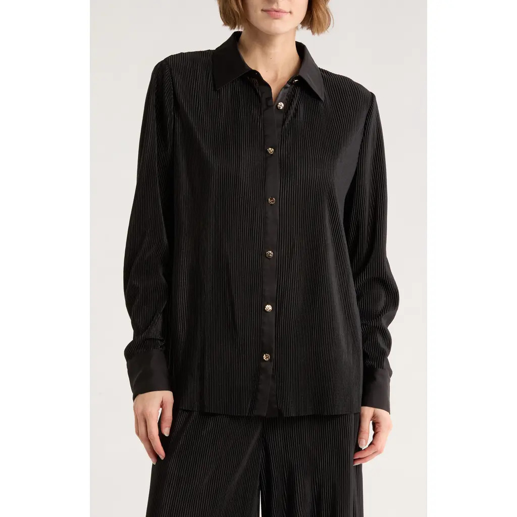 Gemma + Jane Plissé Charmeuse Button-Down Shirt in Black at Nordstrom Rack, Size Large | Nordstrom Rack
