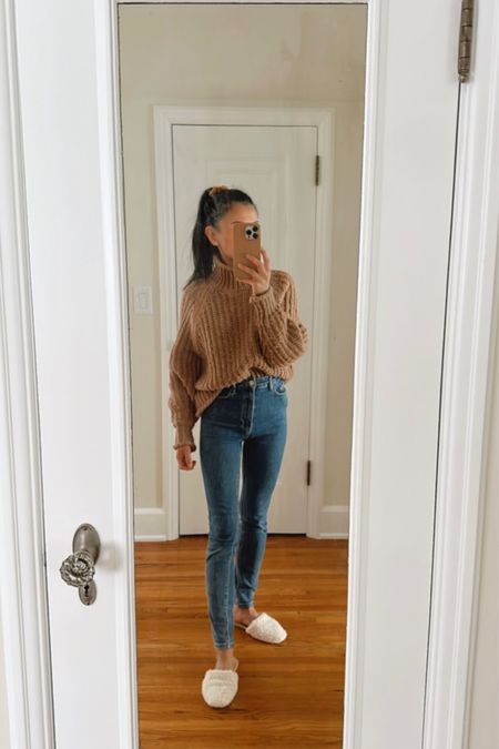 knitted brown turtle neck sweater isn’t available in this color but linking other colors. High waisted Jeans are from Zara a long time ago but linking a similar fit. 

#LTKstyletip