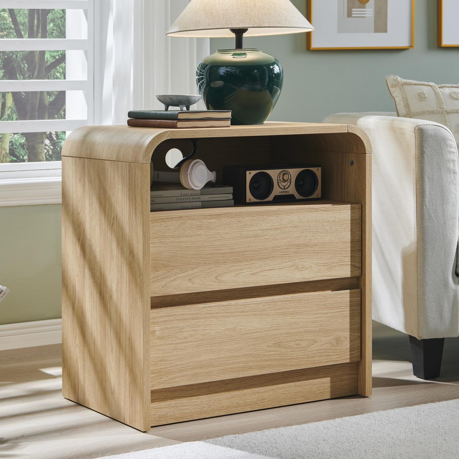25" Tall Modern Nightstand with Charging Station, 23.6'' Wide Wood Bedside Table w/2 Storage Draw... | Amazon (US)