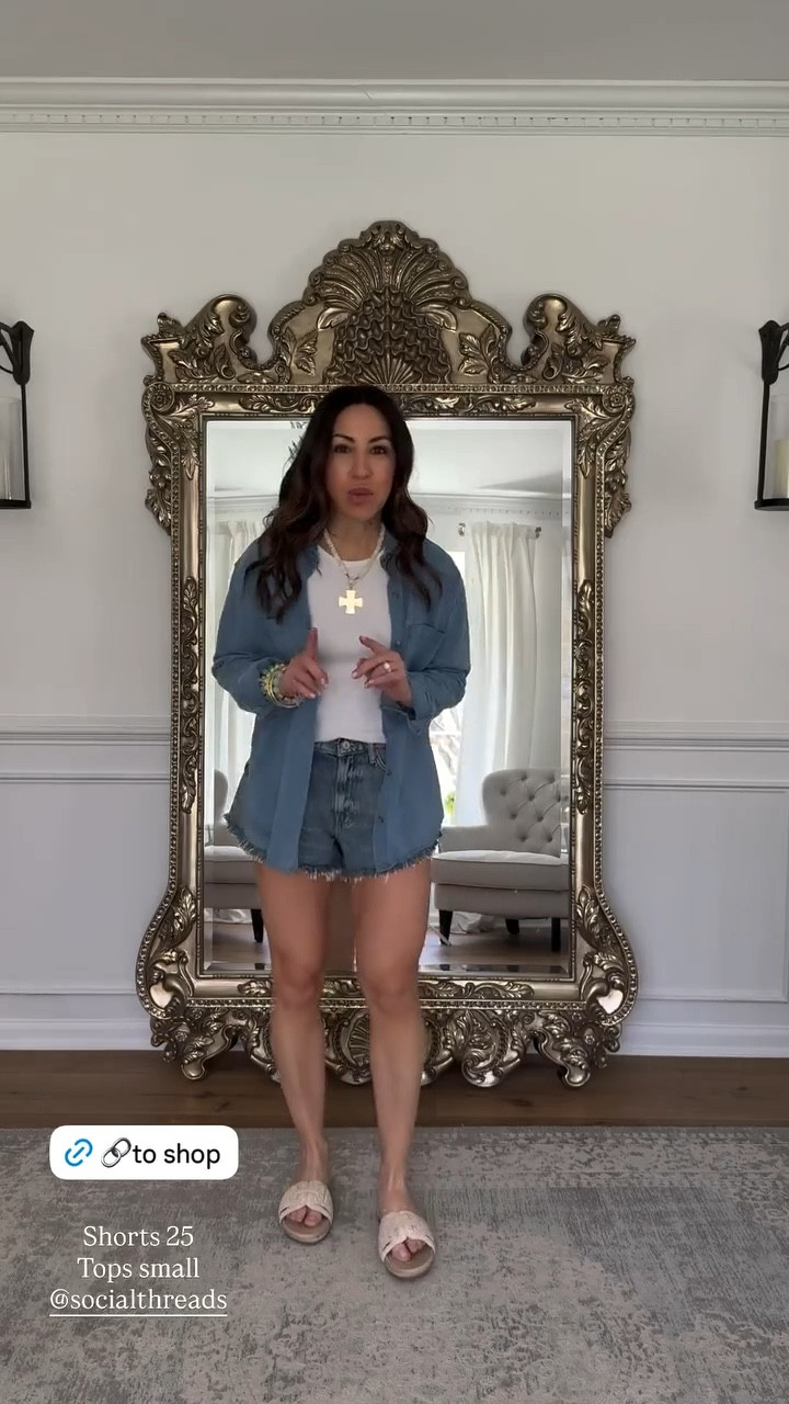 Denim shorts 25. Small tops. Sandals TTS.

#LTKOver40 #LTKPetite