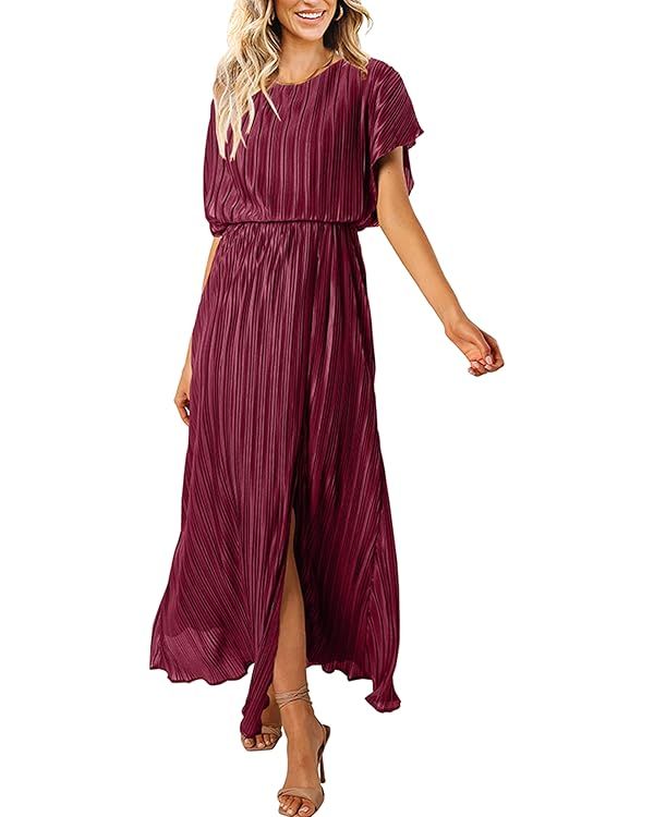 ECOWISH Womens Summer Maxi Dresses: Crew Neck Ruffle Cocktail Dress Sexy Pleated Slit Long Sundre... | Amazon (US)