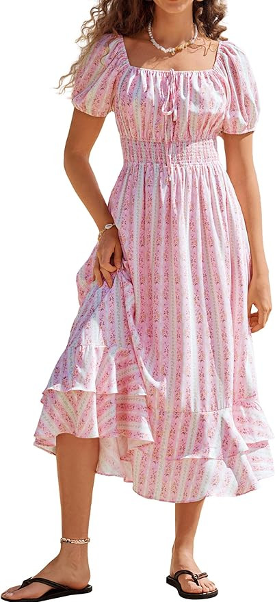 Kate Kasin Womens Summer Boho Floral Maxi Dress 2026 Square Neck Puff Sleeve Smocked Flowy A Line... | Amazon (US)