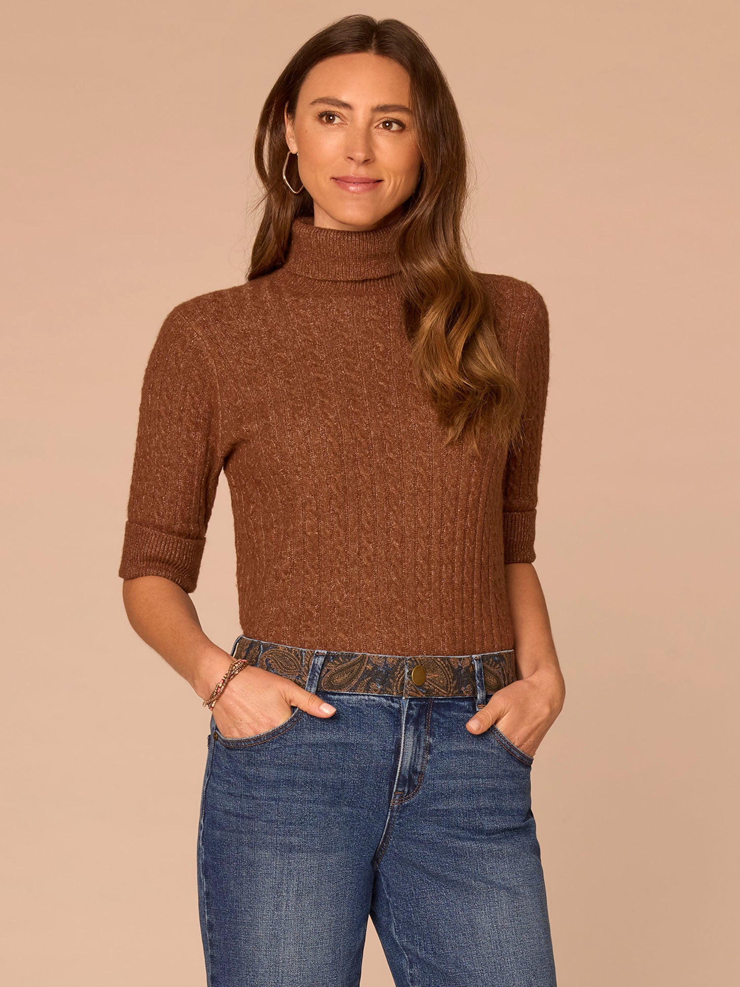 Cuffed Elbow Sleeve Turtle Neck Cable Stitch Mix Sweater | Democracy Clothing