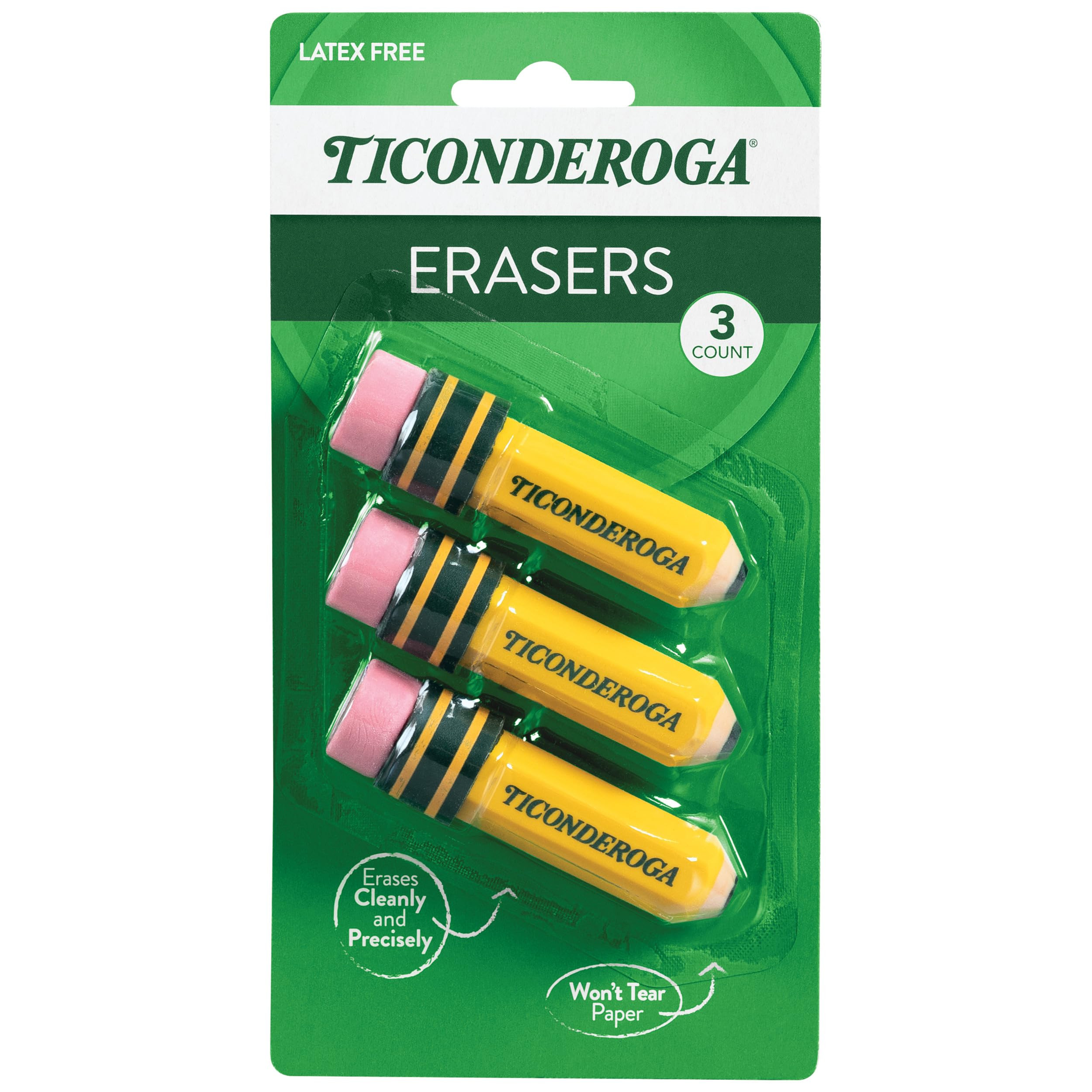 TICONDEROGA Erasers, Pencil Shaped, Latex-Free, Yellow, 3-Pack (38953) | Amazon (US)