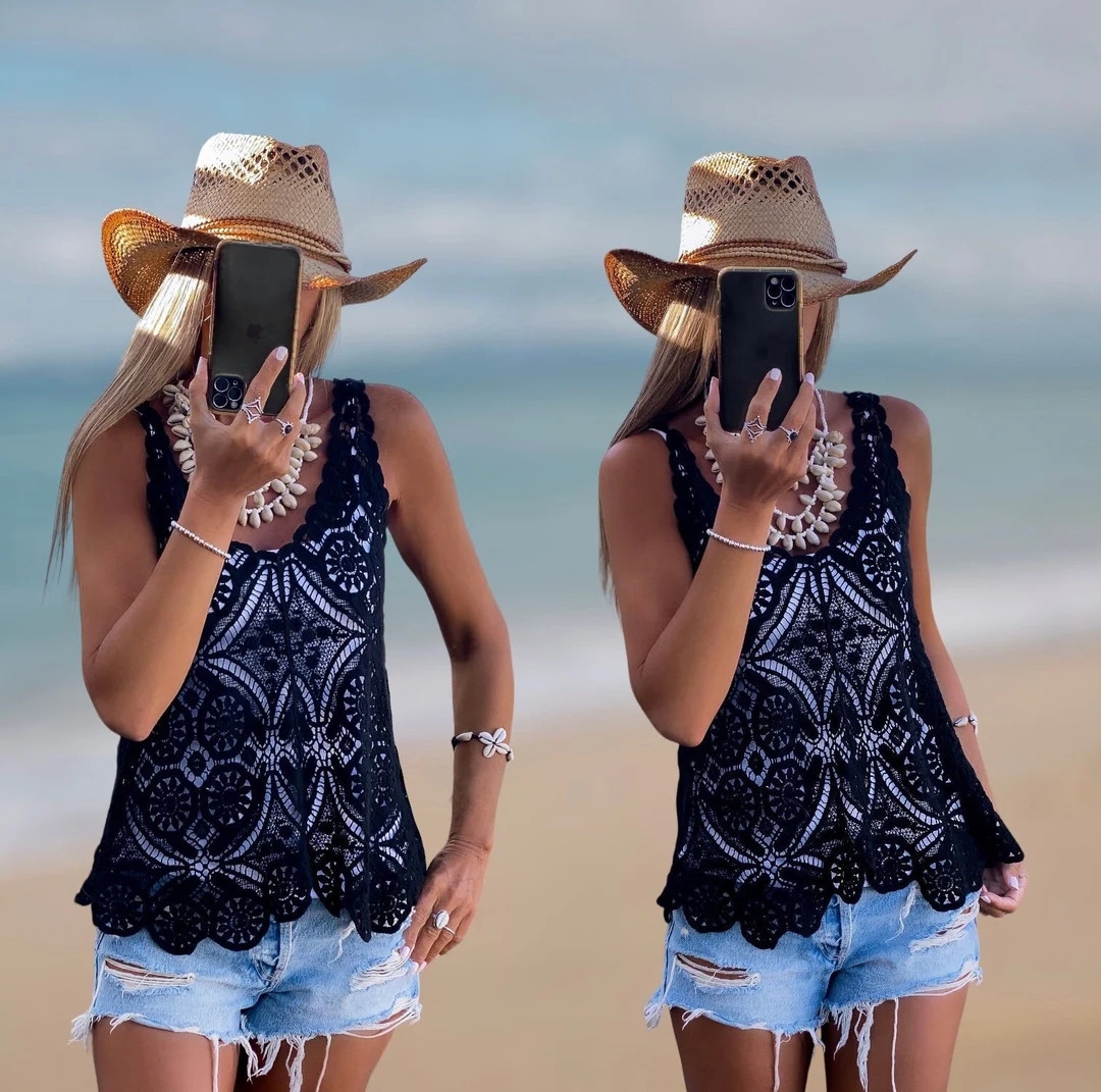 Black Lace Crochet Top: Organic Cotton Boho Ibiza Fashion | Etsy (US)