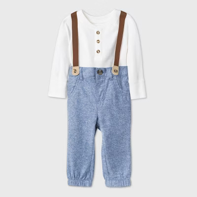 Baby Boys' Chambray Thermal Bodysuit Suspender Romper Set - Cat & Jack™ Cream | Target