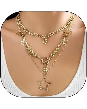 3Pcs Y2k Layered Star Pearl Necklace Sets for Women Teen Girls,14K Gold Link Chains Beaded Aesthe... | Amazon (US)