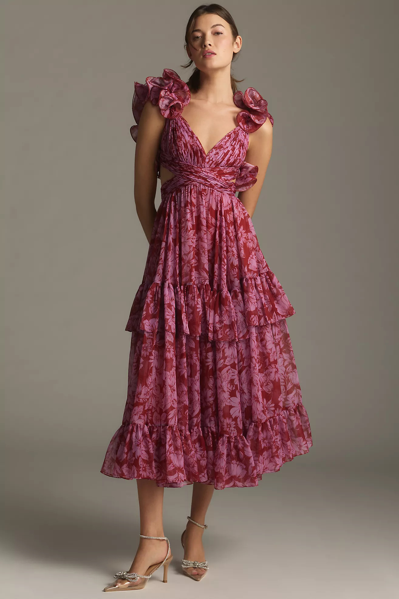 Mac Duggal Sleeveless V-Neck Tiered Ruffled Chiffon Midi Dress | Anthropologie (US)