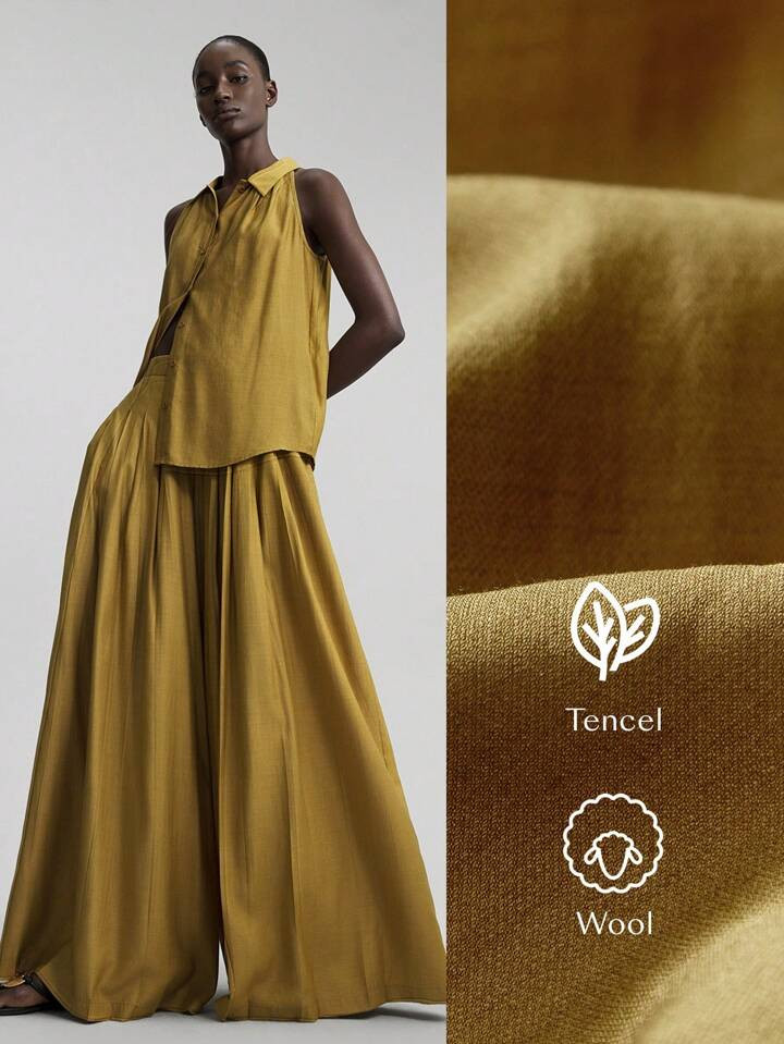 Ontre 2pcs Vacation Style Women's Matching Set, Wool And Tencel Fabric, Mustard Color, Sleeveless... | SHEIN