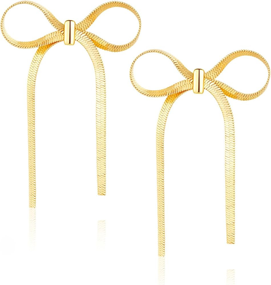 Silver Gold Bow Earrings for Women Girls Ribbon Bow Earring Stainless Steel Dangle Tassel Earring... | Amazon (US)