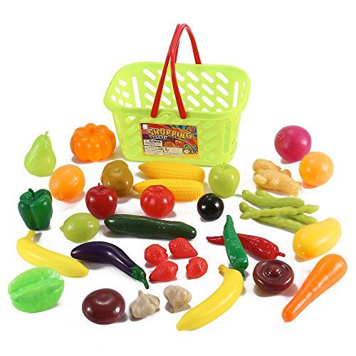 Fruits and Vegetables Shopping Basket Grocery Play Food Set for Kids - 38 Pieces | Amazon (US)