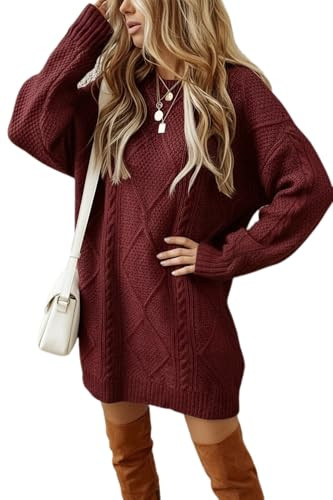Chvity Women's Cable Knit Sweater Dress Drop Shoulder Long Sleeve Round Neck Casual Loose Fall Textured Pullover Dresses | Amazon (US)
