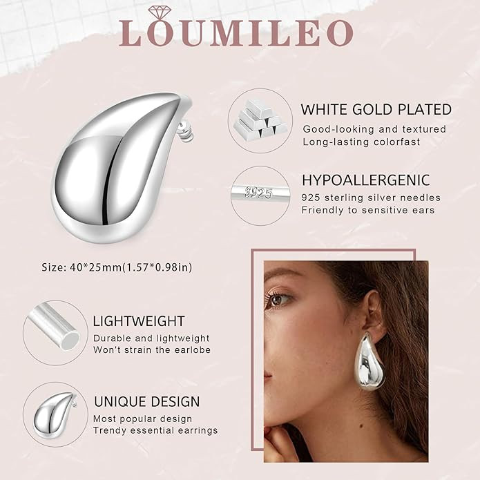 LOUMILEO Extra Large Drop Earring Dupes Hypoallergenic Chunky Gold Hoop Earrings Lightweight Wate... | Amazon (US)