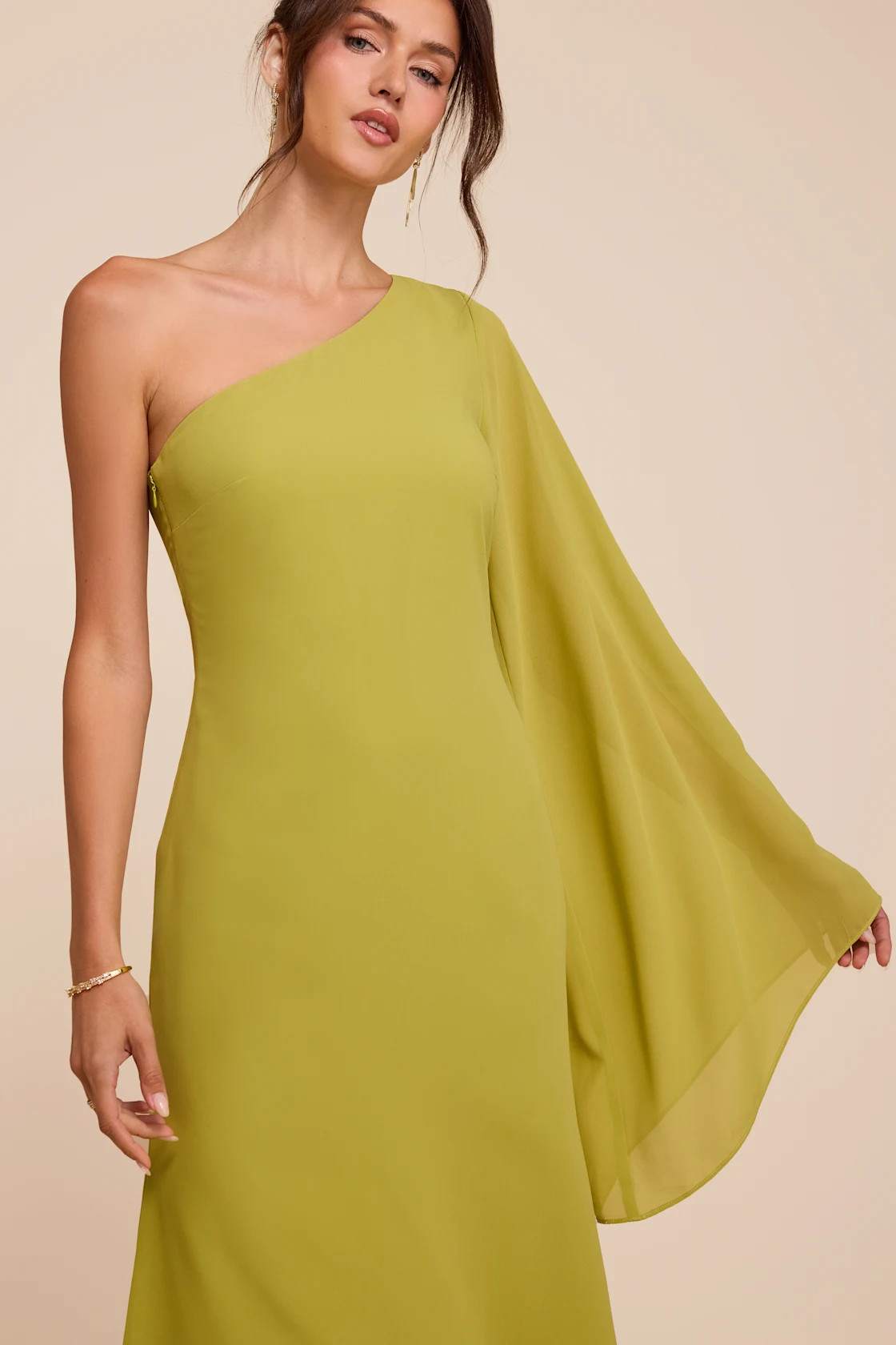 Elizabeth Chartreuse One-Shoulder Bell Sleeve Midi Dress | Lulus