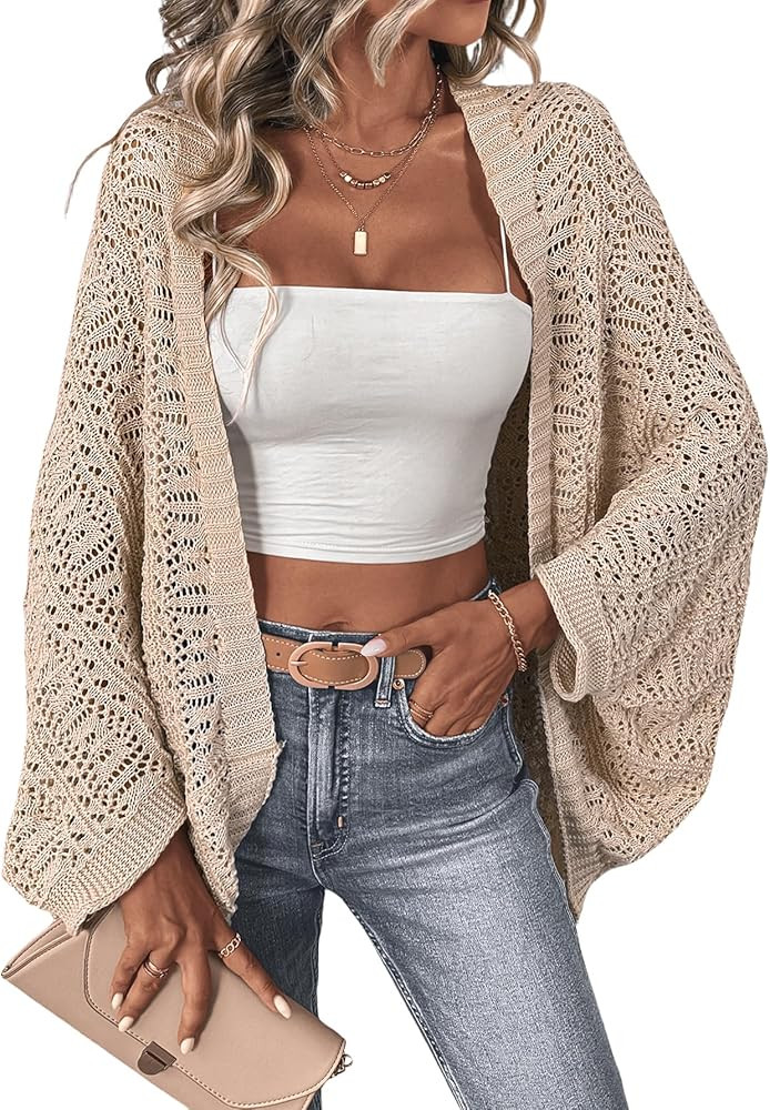 SHENHE Women's Open Front Loose Hollow Out Casual Dolman Sleeve Asymmetrical Cardigan Sweater Spr... | Amazon (US)