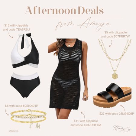 Today’s lightening deals from Amazon include this beautiful two piece swimsuit, a crochet cover up, slide sandals, a set of gold bracelets, and a gold layered necklace set. Be sure to use the coupon codes on the image!

Ootd, resort wear, swim, tall friendly outfit, Amazon deals

#LTKswim #LTKstyletip #LTKfindsunder50
