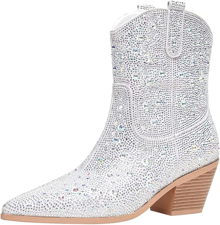 Women's Rhinestone Glitter Aankle Boots Chunky Heels Cowgirl Boots Sparkly Side Zipper Cowboy Boo... | Amazon (US)