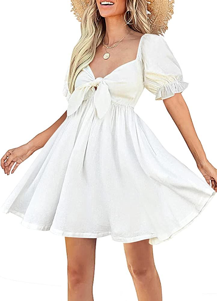 Kikula Women's Baby Doll Dress Tie Front Smocked Back A-line Puff Sleeve Mini Dresses | Amazon (US)